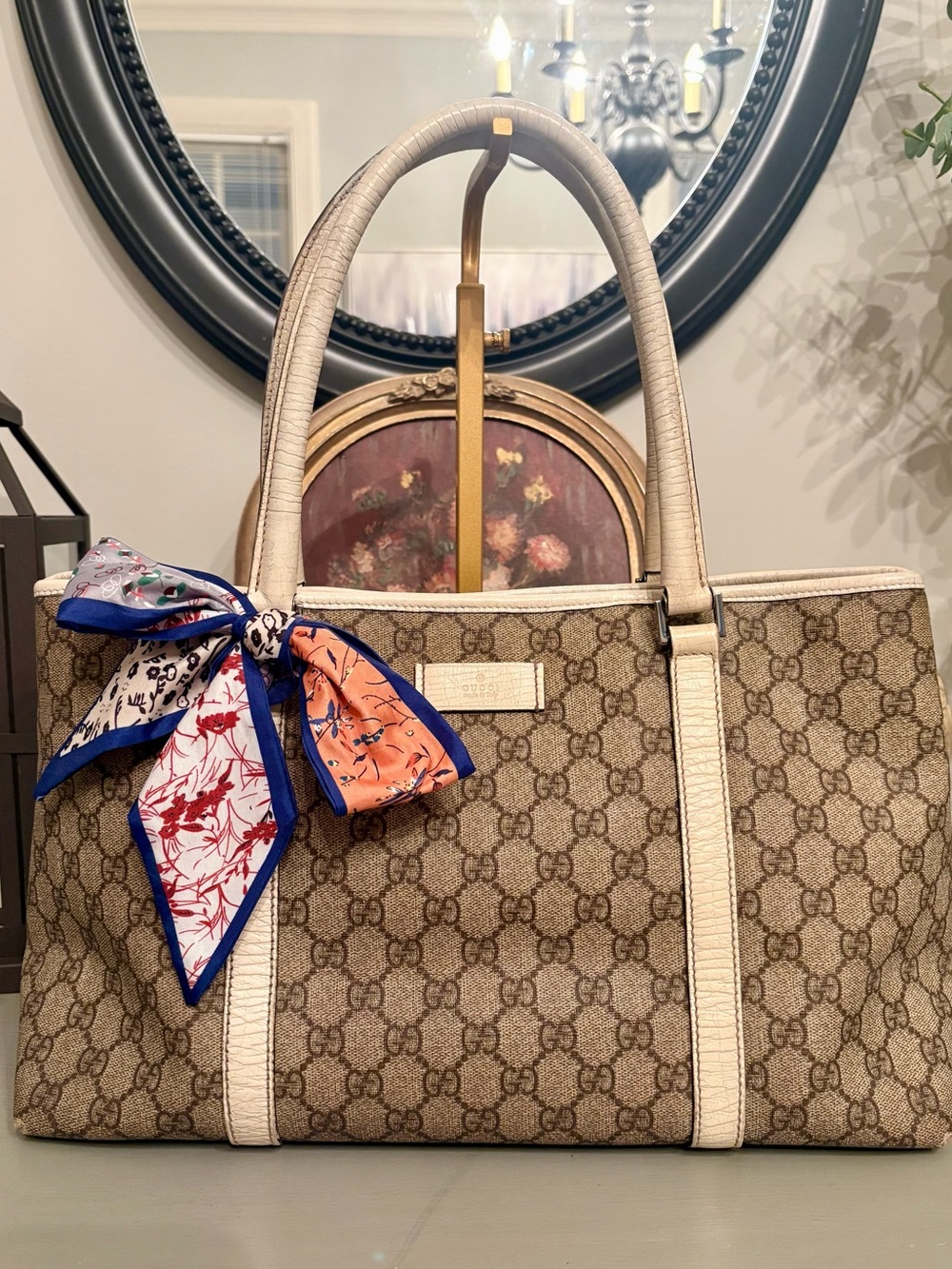 Gucci GG Supreme Joy Tote Bag - White Leather Trim